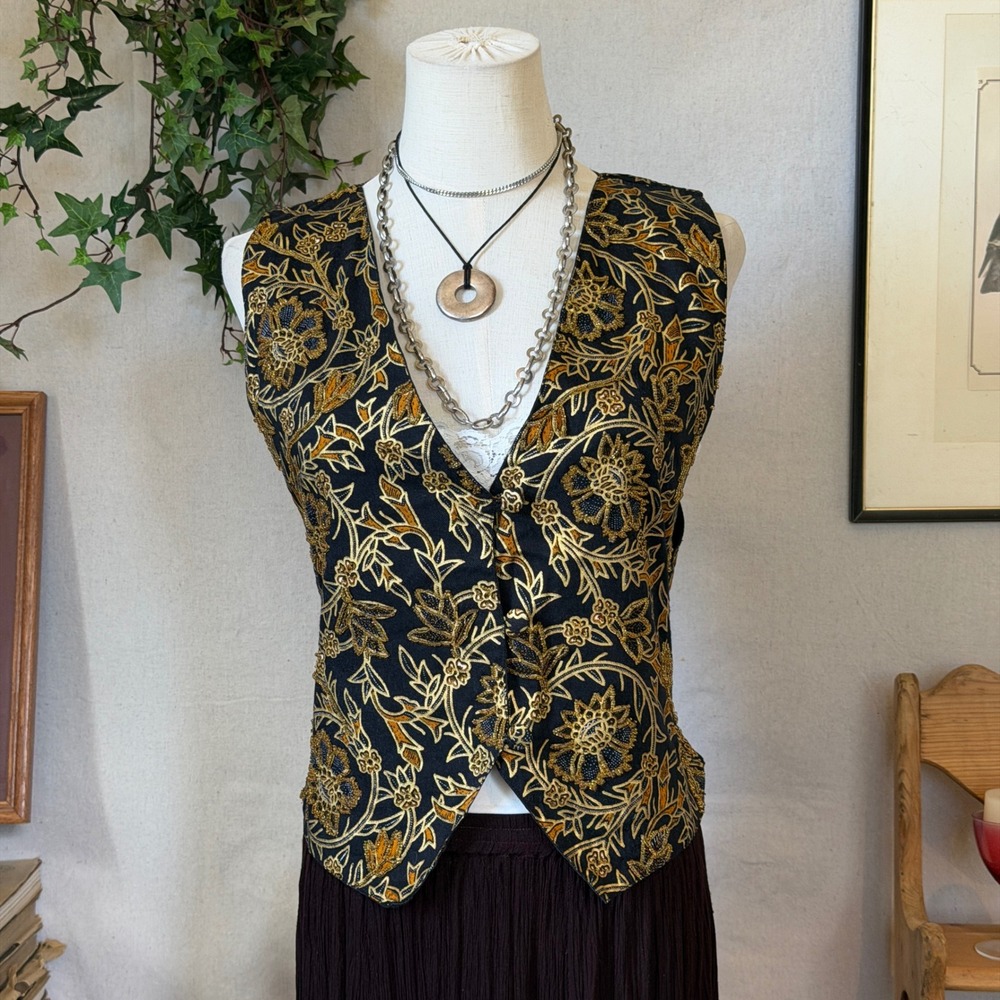 Black Gold Floral Cotton Vest Beaded Whimsygoth Boho PS Fall Leaves Fitted 90s
